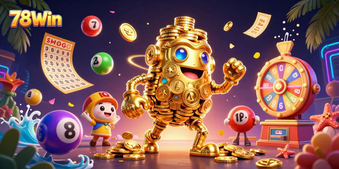78Win delivers excitement with a golden golem and bouncing lottery balls amidst a vivid casino scene.