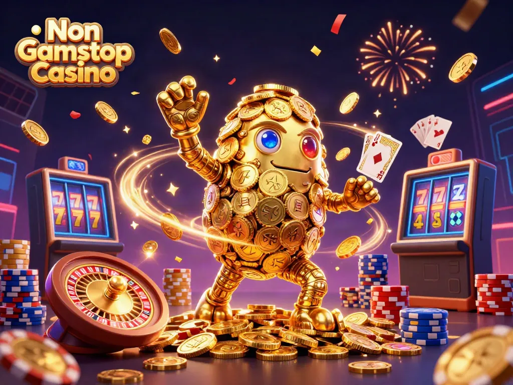 Experience the thrill of a Non Gamstop Casino with a dynamic golden golem and vibrant casino elements.