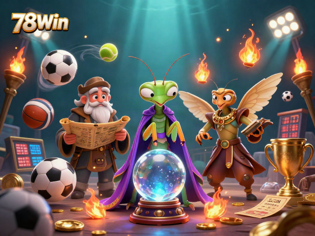 Bet on high-stakes games with 78Win, featuring animated fortune tellers and dynamic sports elements.