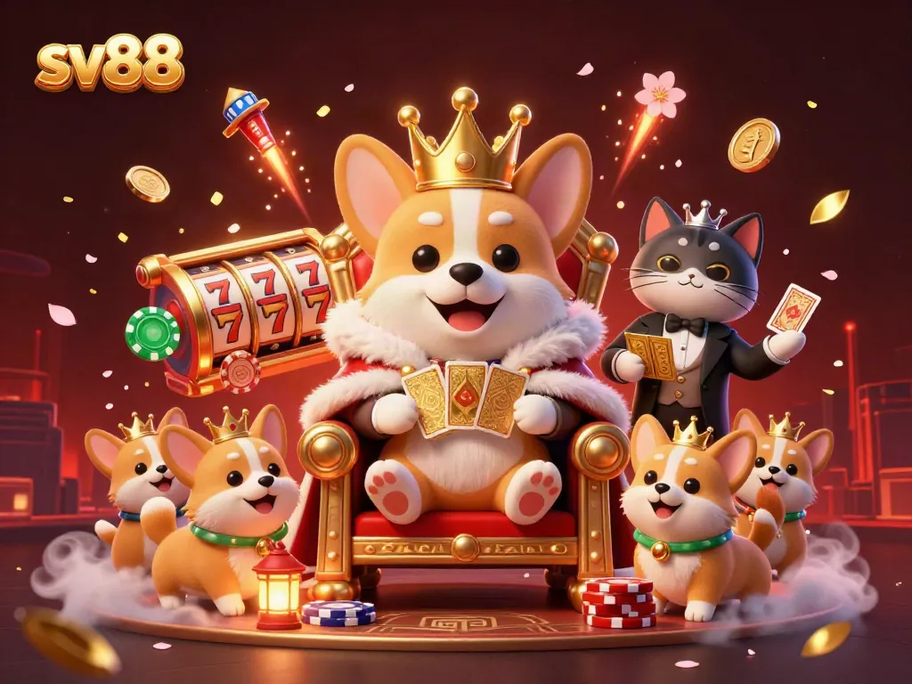 Experience the excitement of sv88 with a royal corgi surrounded by casino elements in a colorful 3D illustration.