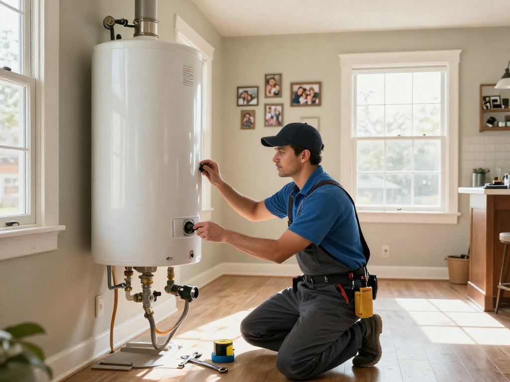 Plumbing repair Fort Worth scene showing a professional plumber inspecting a water heater, highlighting reliable service.