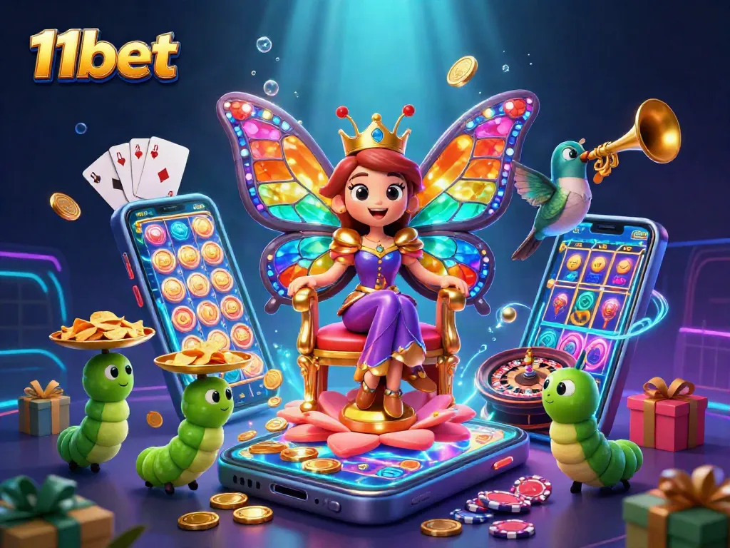 Engage with the world of 11bet through an enchanting casino illustration featuring vibrant gaming elements and fantasy characters.