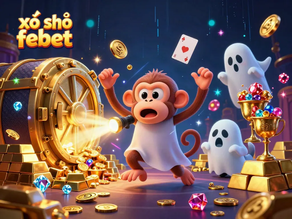 Experience the excitement of xổ số febet with a playful poltergeist monkey and a curious puppy in a haunted casino.