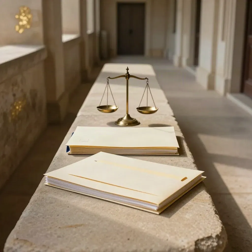 Sandstone corridor bench with case files, brass scales and a sealed settlement envelope.