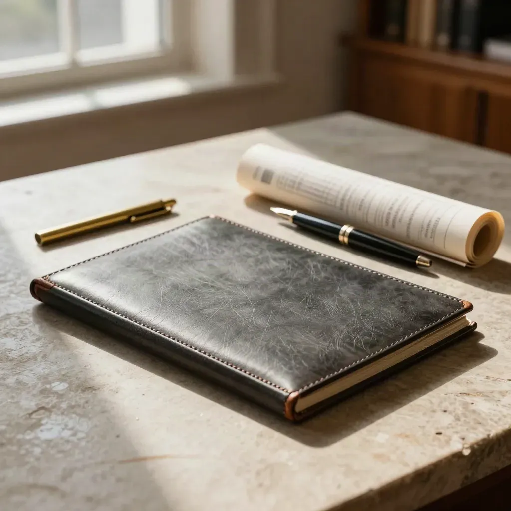 Leather folio and rolled schedule on a stone table in a quiet law office