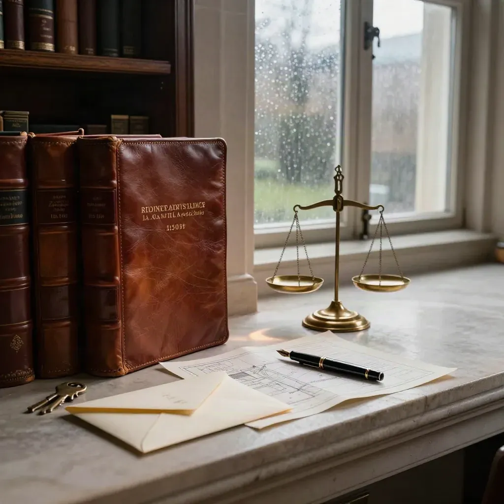 Rain-lit Savile Law library ledge with folders, brass scales, keys, pen and folded property plan