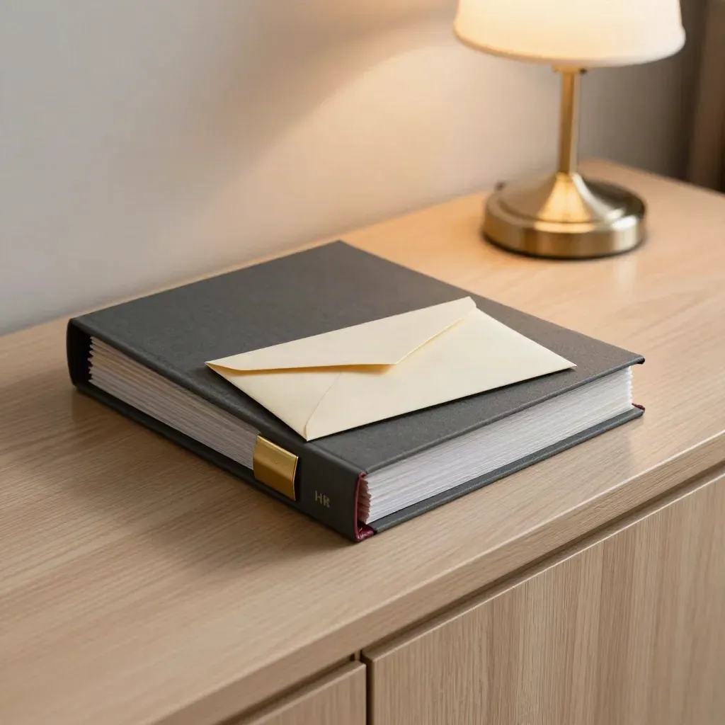 Warm legal office still life with a closed HR binder, sealed envelope, brass clip, and lamp on oak.
