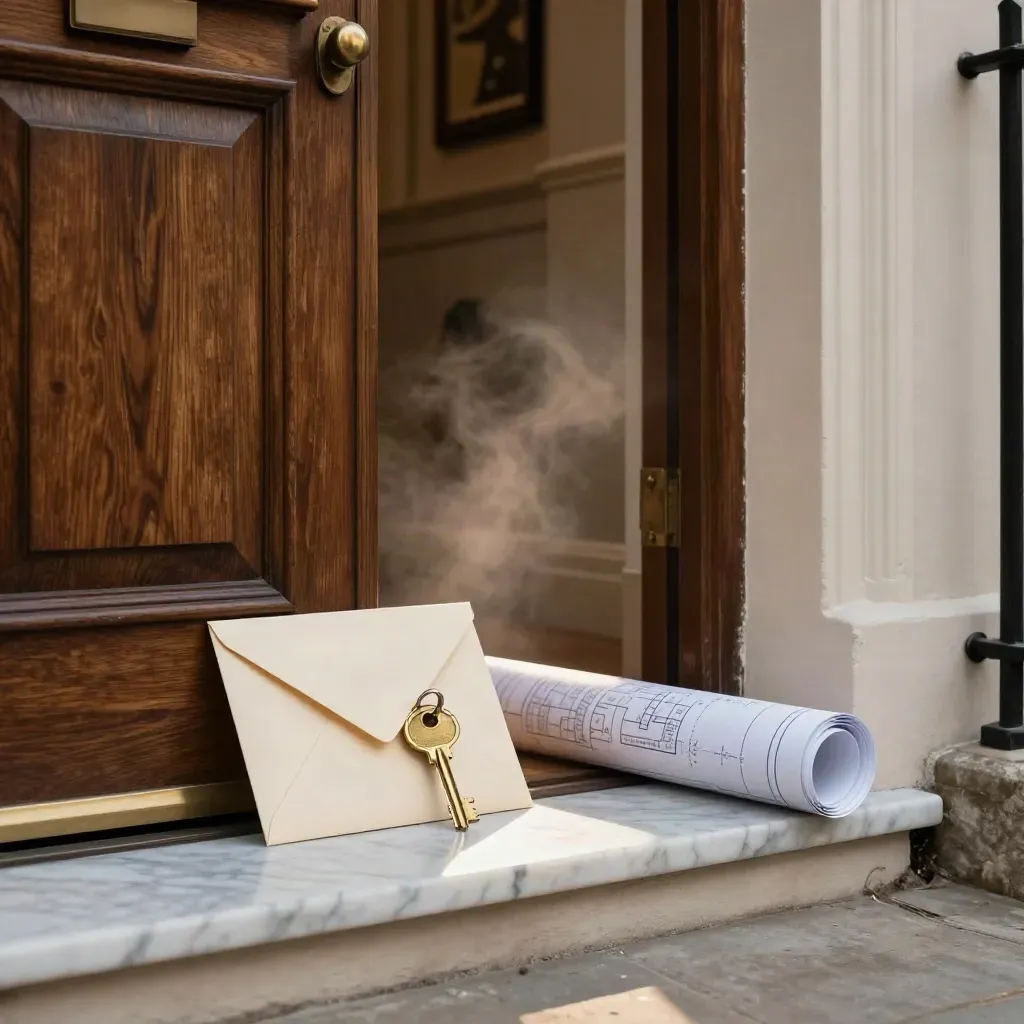Brass keys, property envelope and floorplan tube at a Georgian townhouse threshold