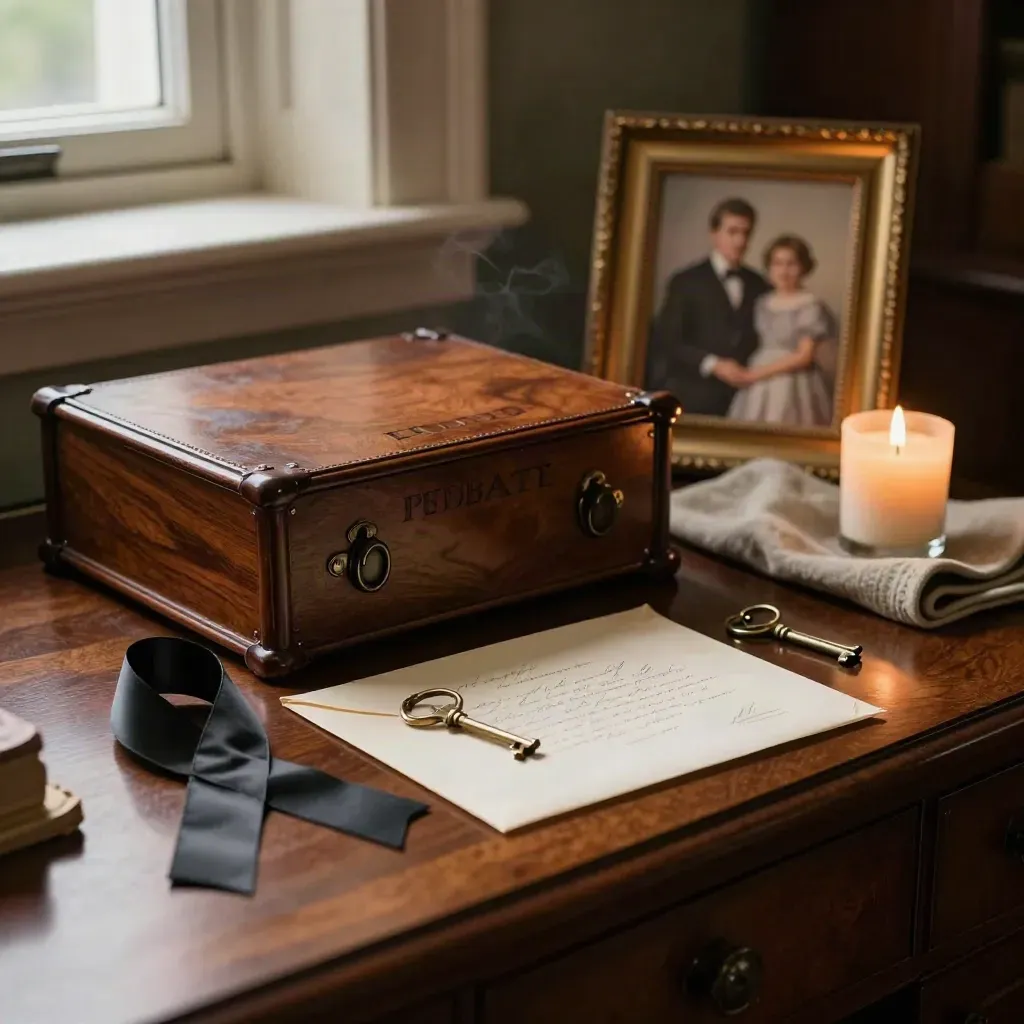 Probate sideboard with will envelope, keys, ribbon and candle in a dim drawing room