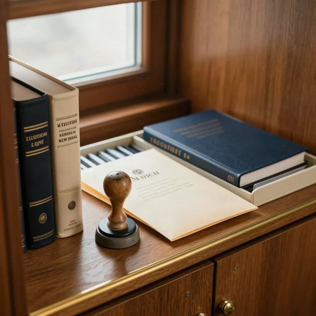 Compliance shelf with manuals, date stamp, sealed notice envelope, and file dividers in winter light