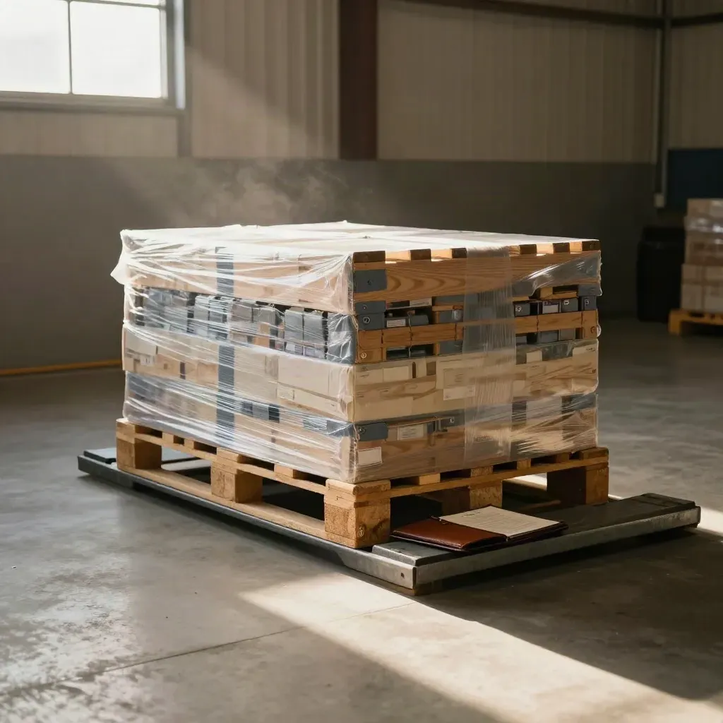 Wrapped pallet and crates in a sunlit receiving bay with a closed folio on the ledge