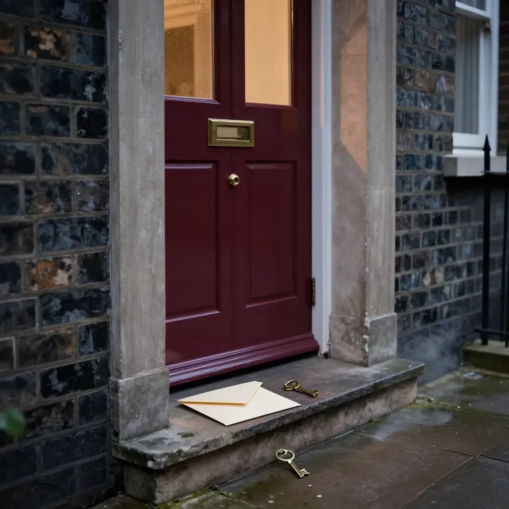 Victorian terrace doorway at dusk with brass keys and a sealed settlement envelope on a stone sill.