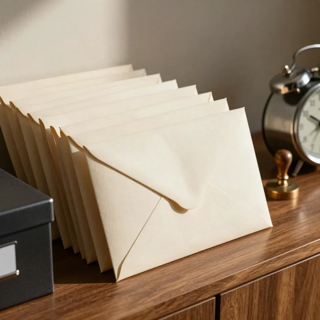 Sealed legal envelopes, file box and alarm clock on a walnut credenza, ready to post.