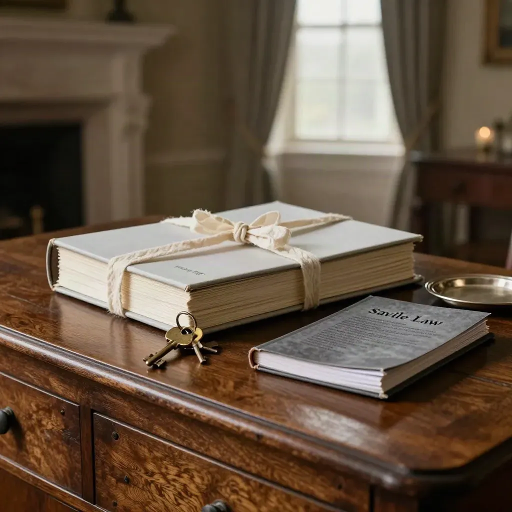 Probate binder, keys, notebook and silver tray on an old house sideboard