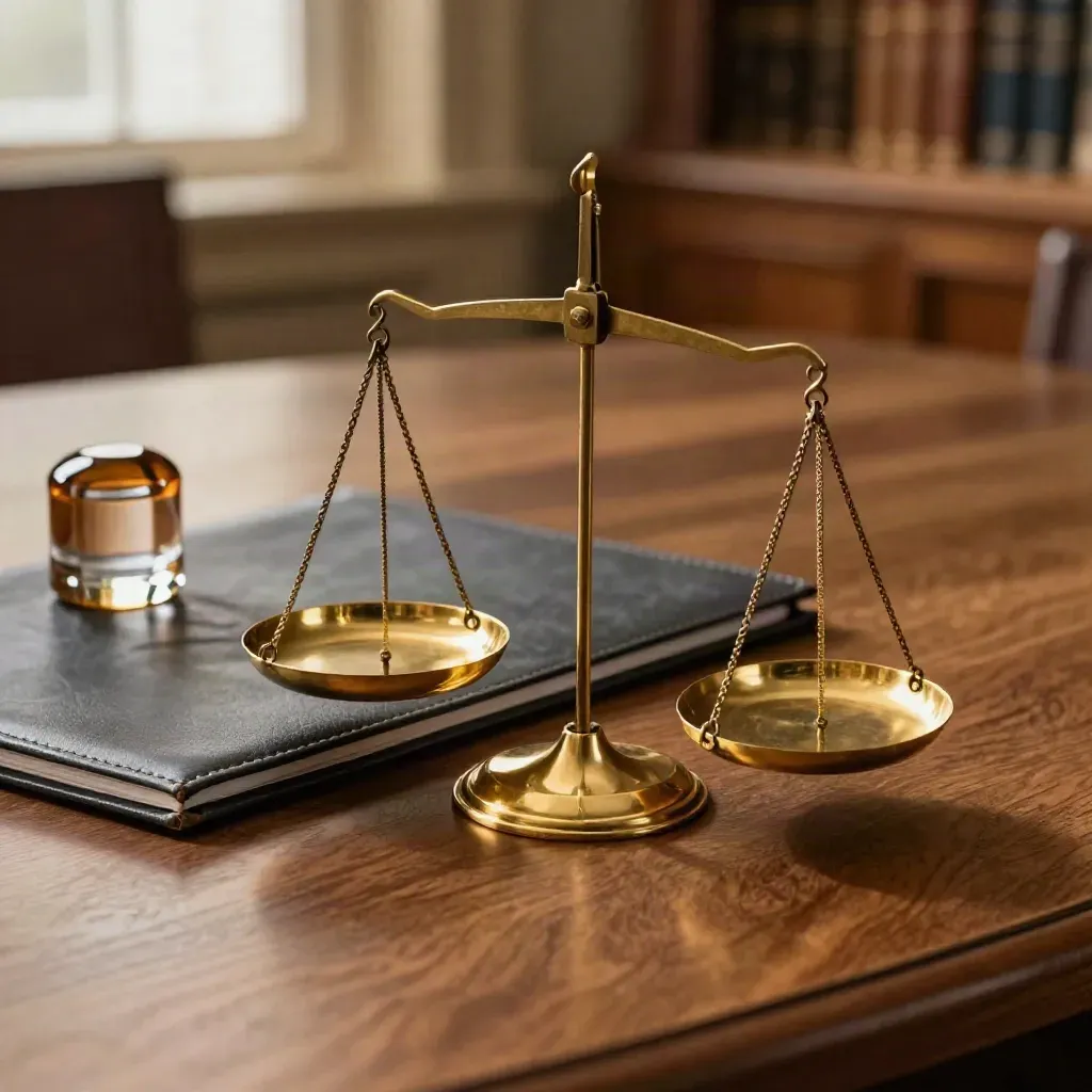 Brass scales with a closed negotiation folder and glass paperweight on a walnut table.