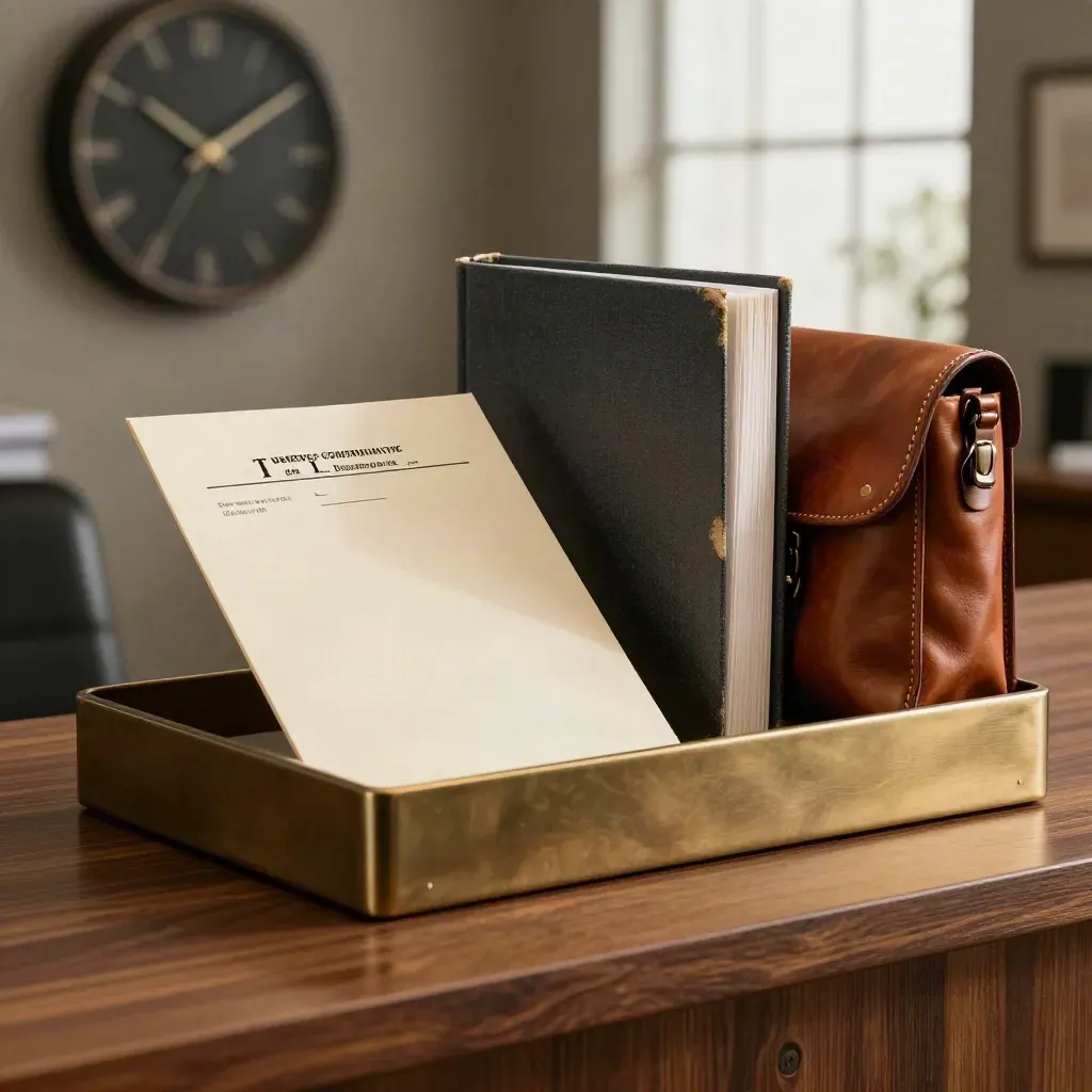 Legal dispatch tray, binder, courier pouch and clock in a moody office.