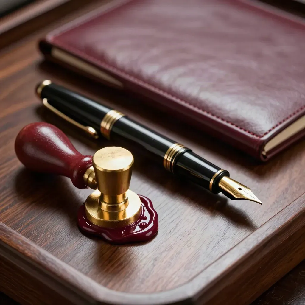Wax seal stamp, pen, letter opener and leather folio on walnut under dramatic light