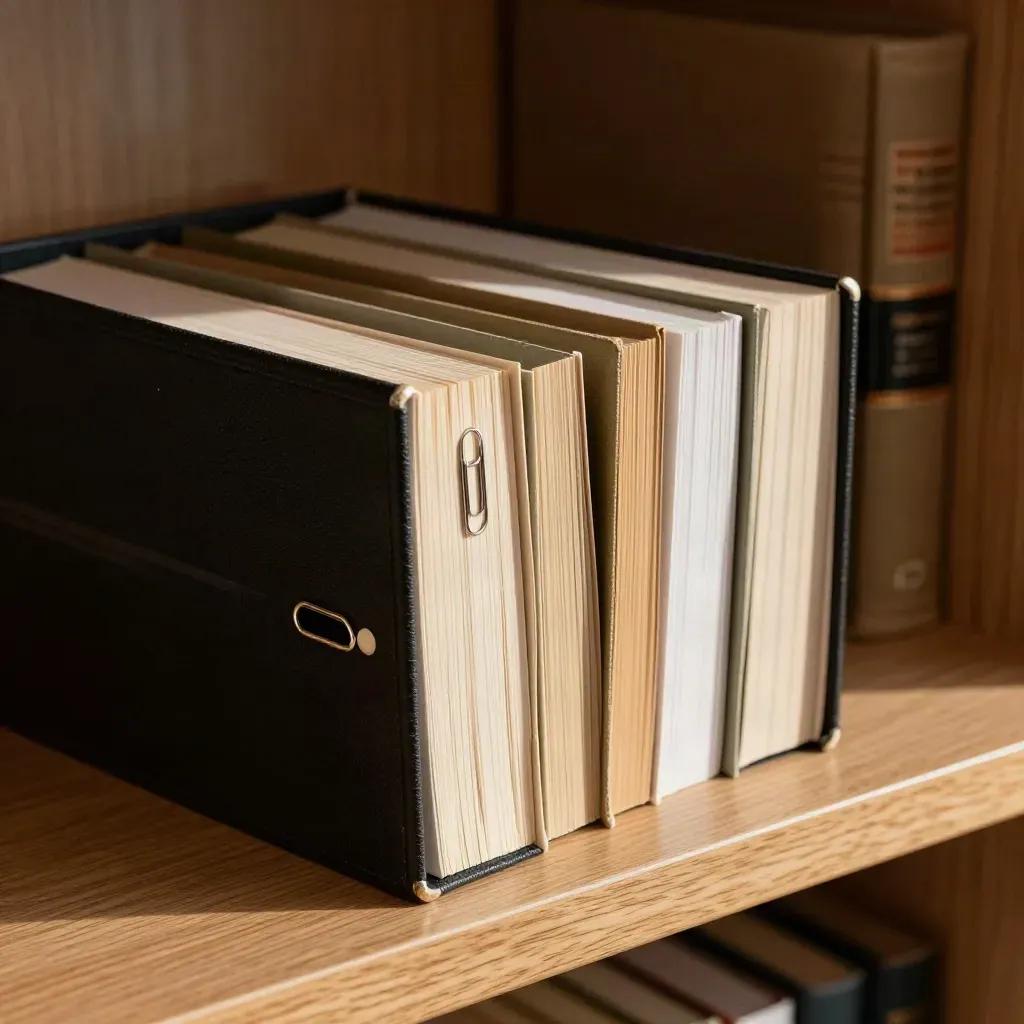 Black legal binder with tabs and a steel paperclip on a pale oak shelf