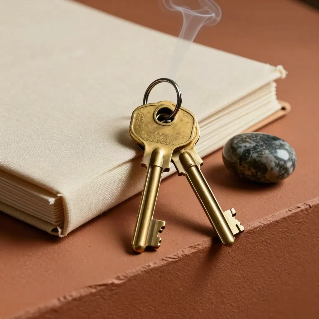 Brass house keys beside a sealed estate folder and stone weight in moody legal light