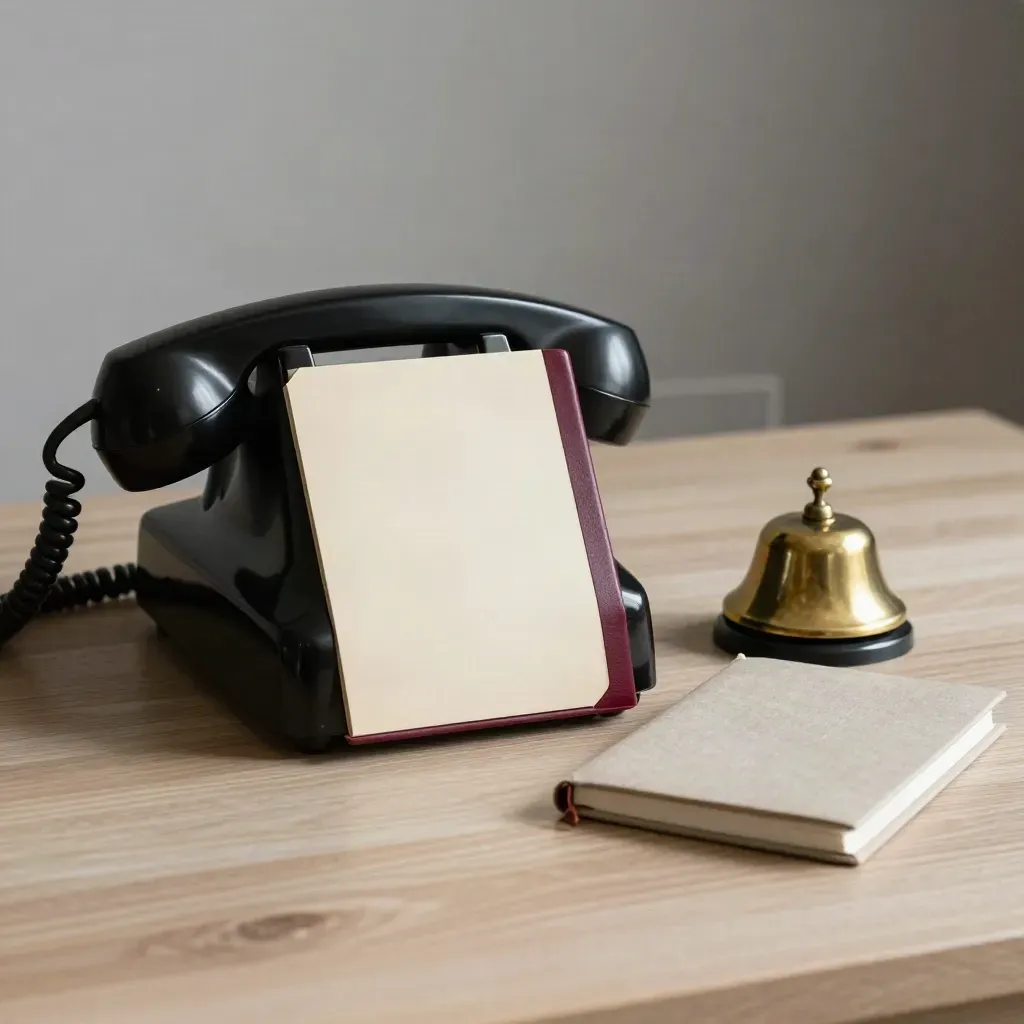 Telephone, intake folder, brass bell, and notebook on pale wood in soft side light.