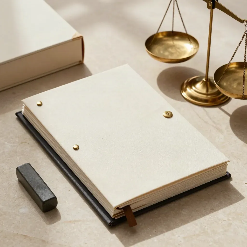 Overhead legal case bundle with brass scales, paperweight and archive box on pale stone.