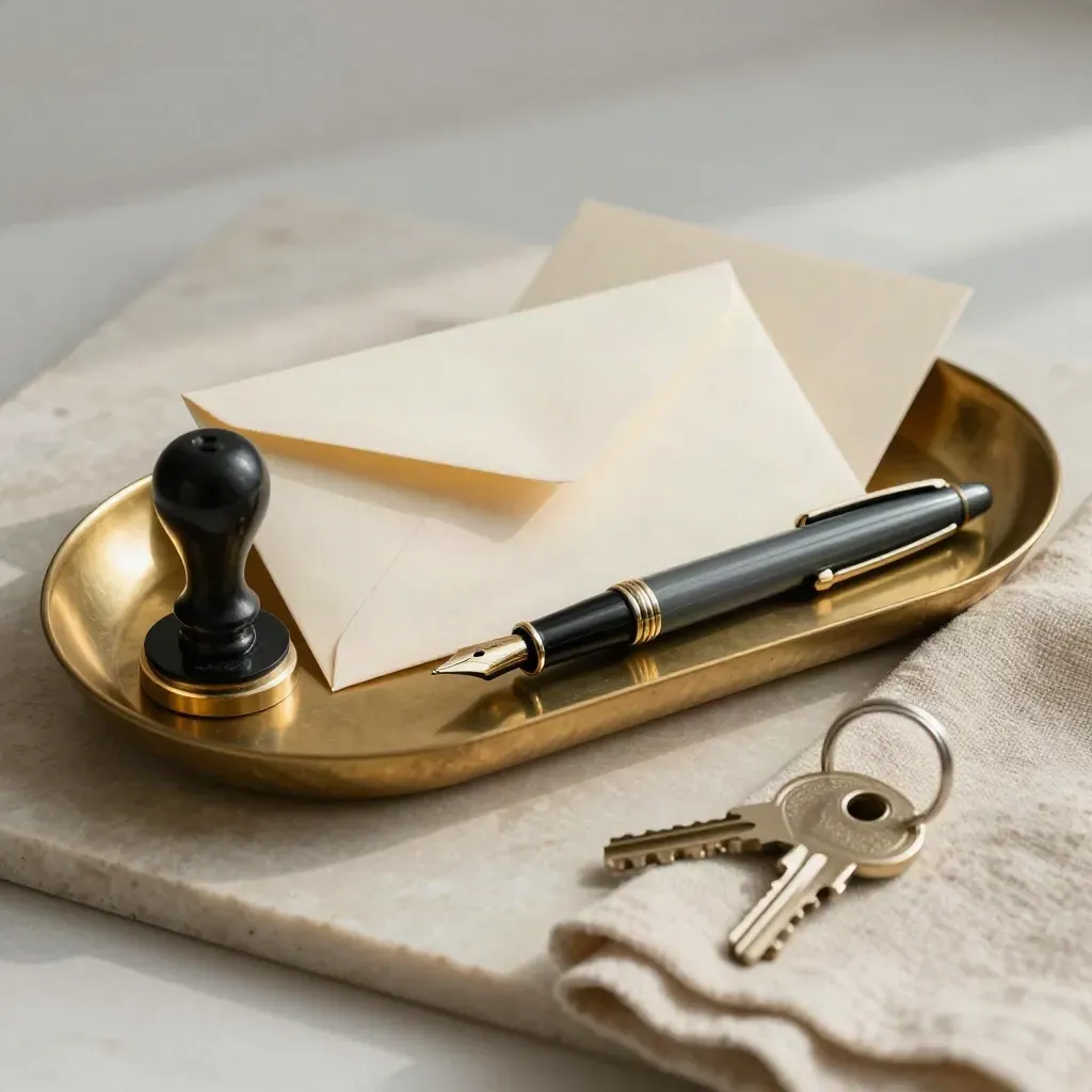 Brass tray with sealed envelope, wax stamp, keys and pen on pale limestone.