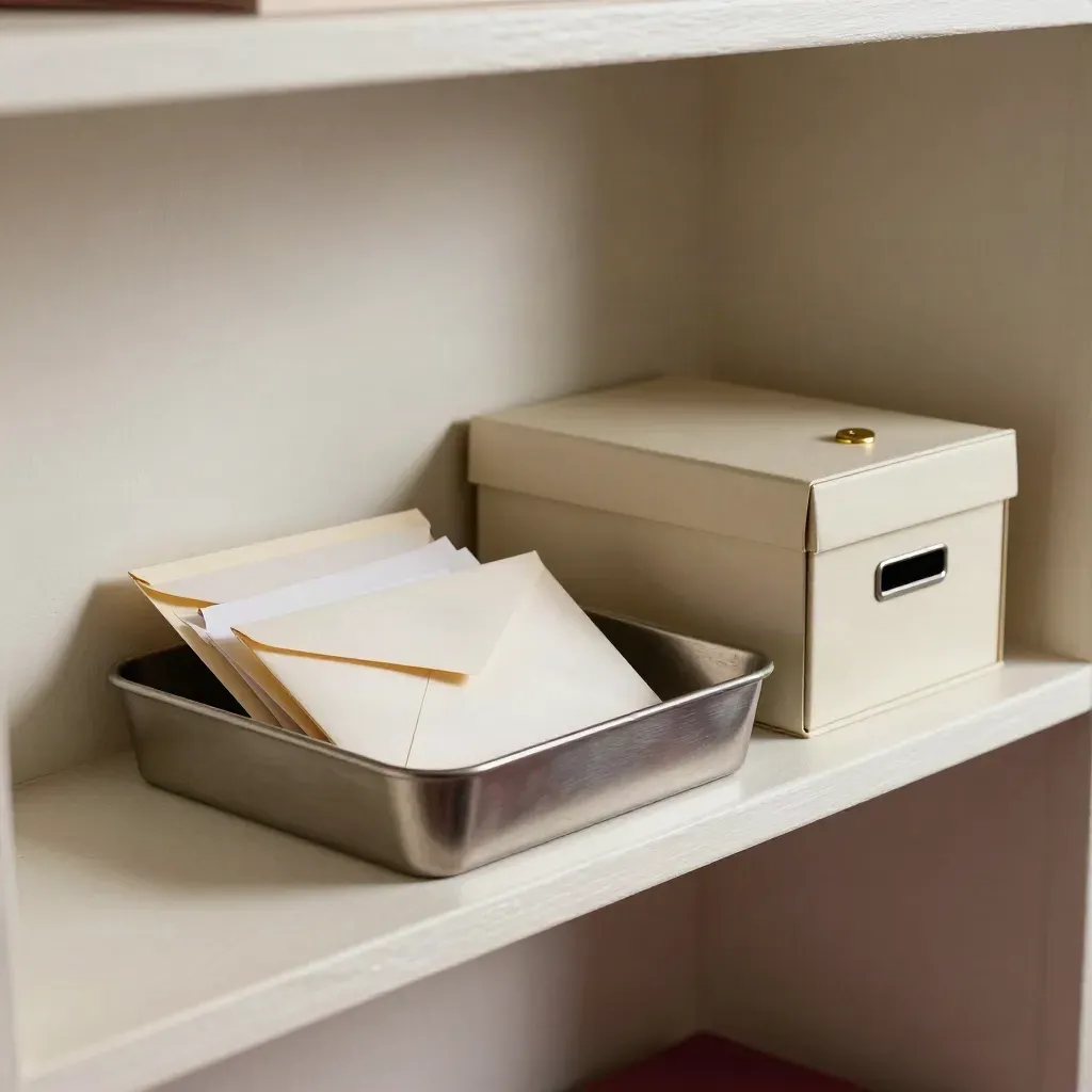 Mail tray, file box, wallets and wall slot on a plaster shelf, lit softly at shelf height.