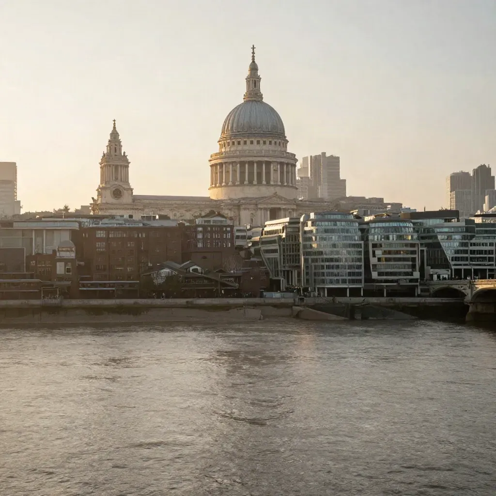 Hazy London skyline with St Paul’s dome above the Thames at golden hour