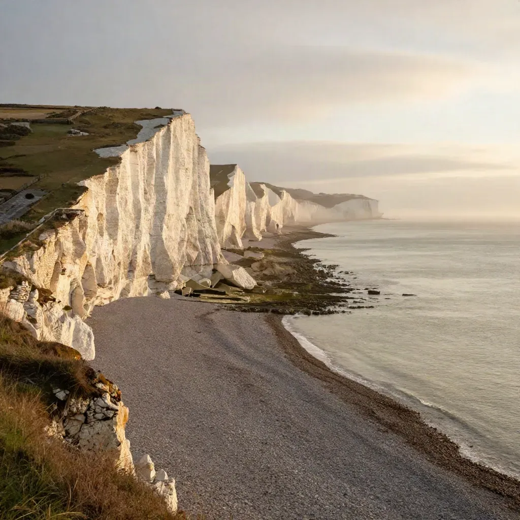 White chalk cliffs glowing at sunrise above a calm misty sea in South East England.