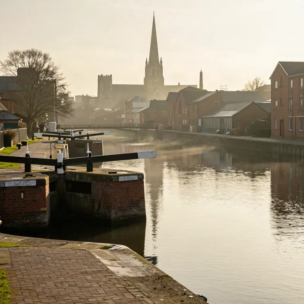 Amber-lit West Midlands canal basin with a cathedral spire and industrial skyline