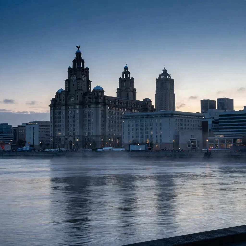 Liverpool waterfront and the Three Graces at blue hour above the Mersey in mist