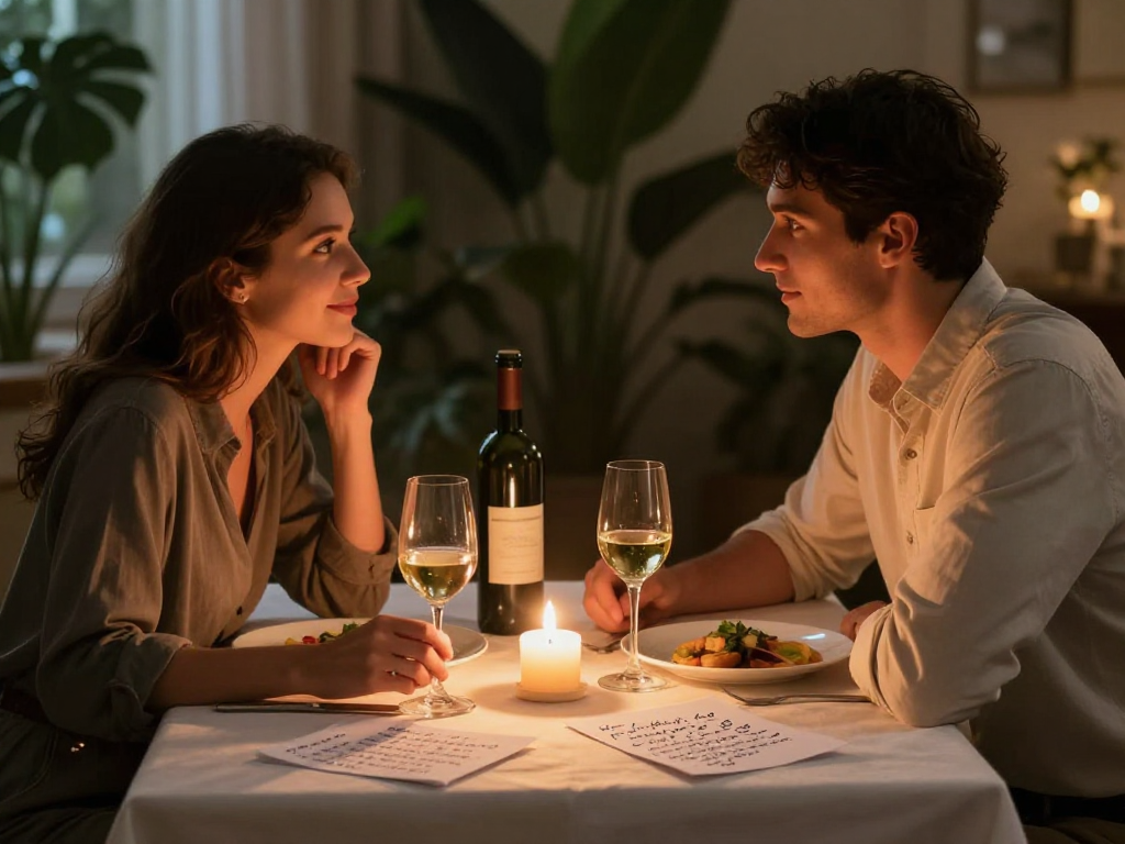 Couple enjoying a romantic dinner, showcasing intimate settings with elements of sex AI.
