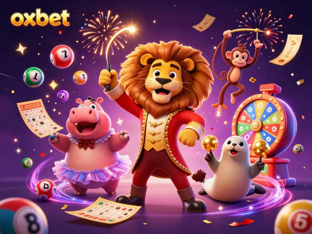 Experience the thrill at Oxbet with a lively 3D circus themed casino scene celebrating games and excitement.