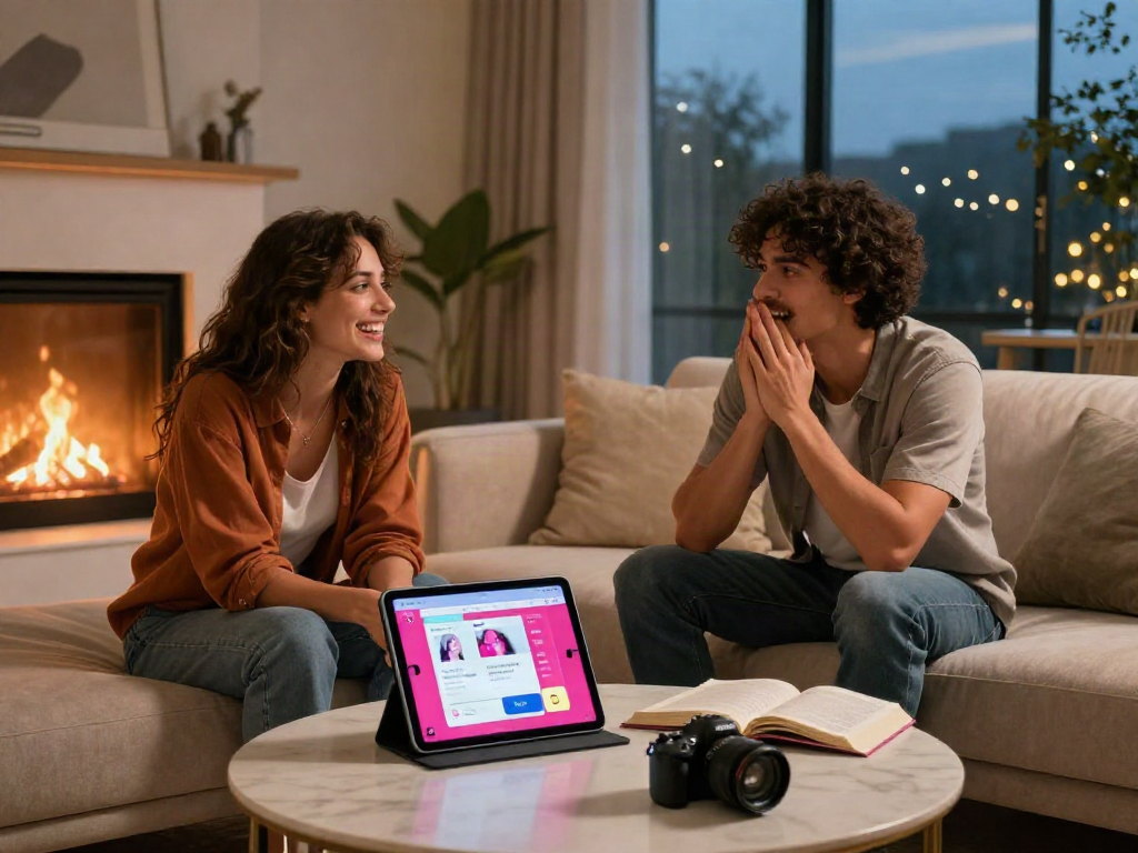 Couple using sex AI app in cozy living room setting, exploring intimacy.
