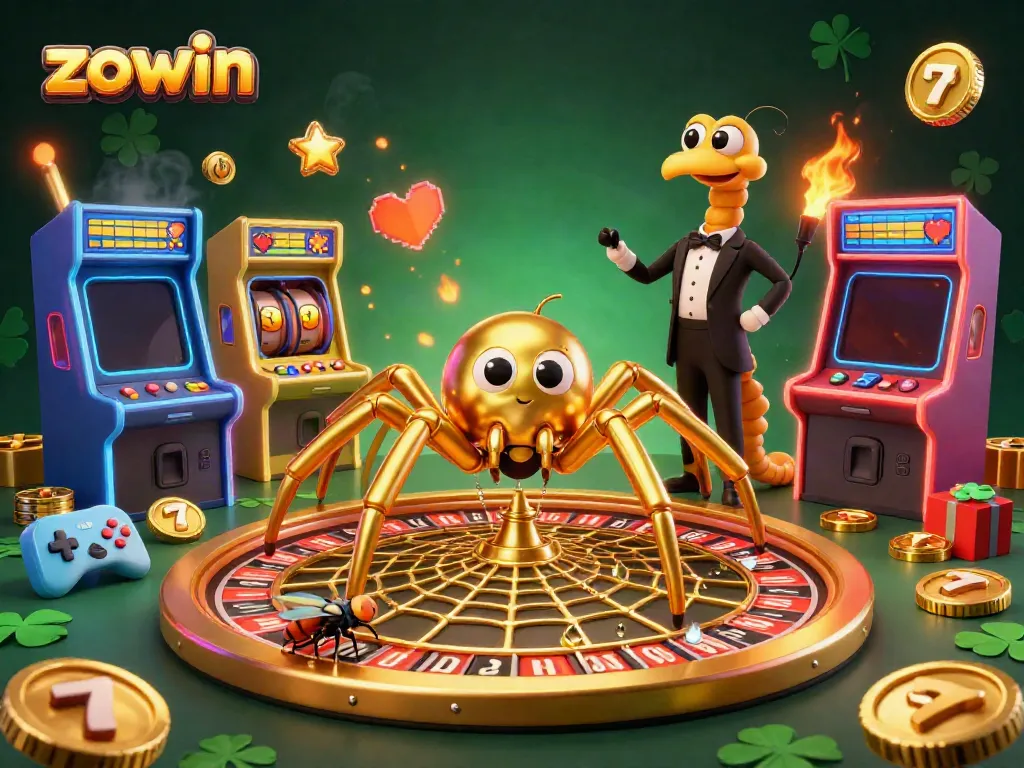 Engage with exhilarating gameplay at Zowin's casino with golden web and vibrant game elements.
