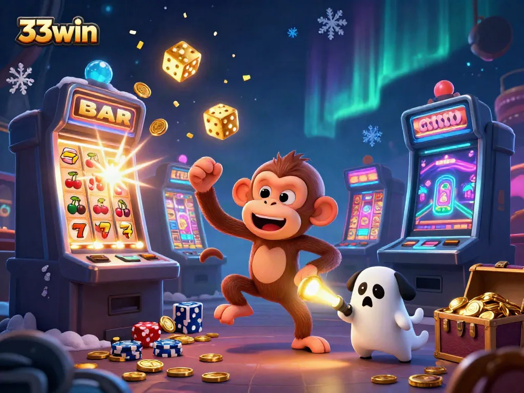 Experience the thrill with 33win, where a poltergeist monkey juggles fortunes in a haunted casino.