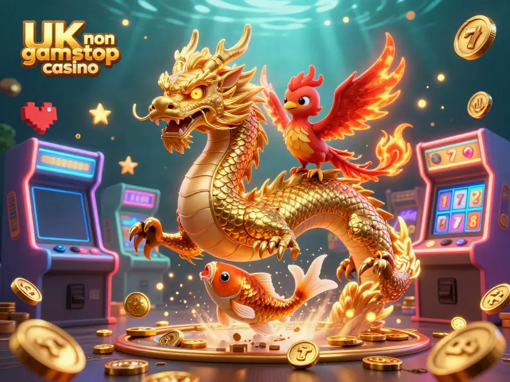 Engage with the thrilling world of UK non gamstop casino showcasing a golden dragon and lucky koi fish.