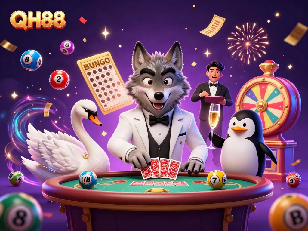 Experience QH88's vibrant gaming scene with a debonair wolf and elegant characters celebrating at a baccarat table.