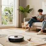 Best robot vacuum 2026 in action on a stylish living room floor, efficiently cleaning while a family enjoys their time nearby.