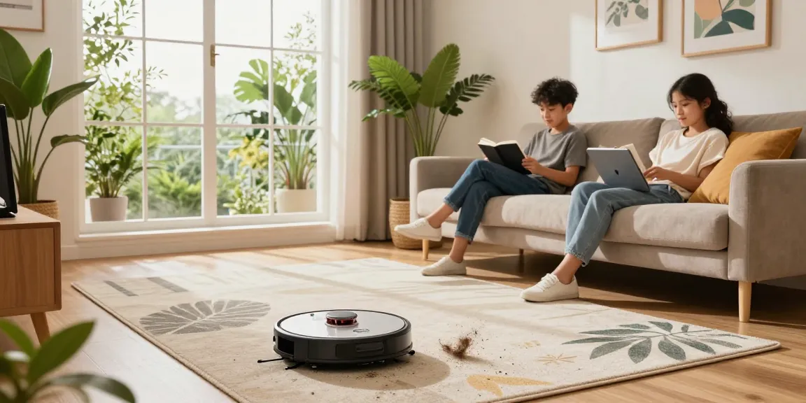 Best robot vacuum 2026 in action on a stylish living room floor, efficiently cleaning while a family enjoys their time nearby.