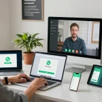Professional workspace featuring WhatsApp下載 interface on multiple devices in a bright, modern environment.