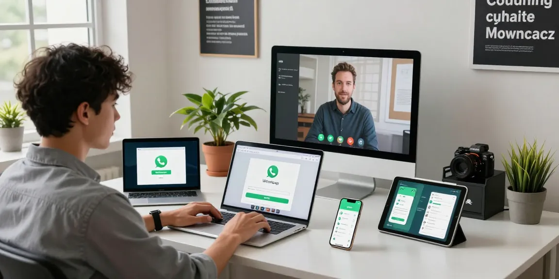 Professional workspace featuring WhatsApp下載 interface on multiple devices in a bright, modern environment.